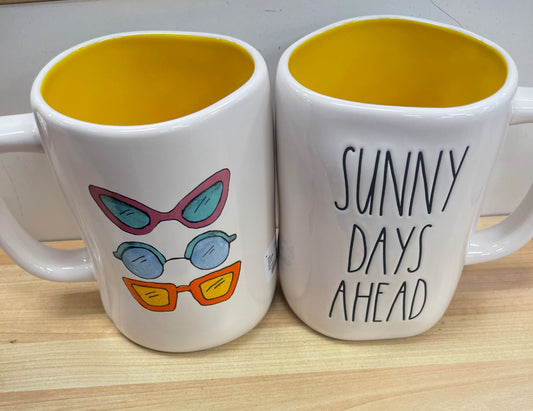 Rae Dunn Sunny Days Ahead Yellow Inside with Sunglasses on Back