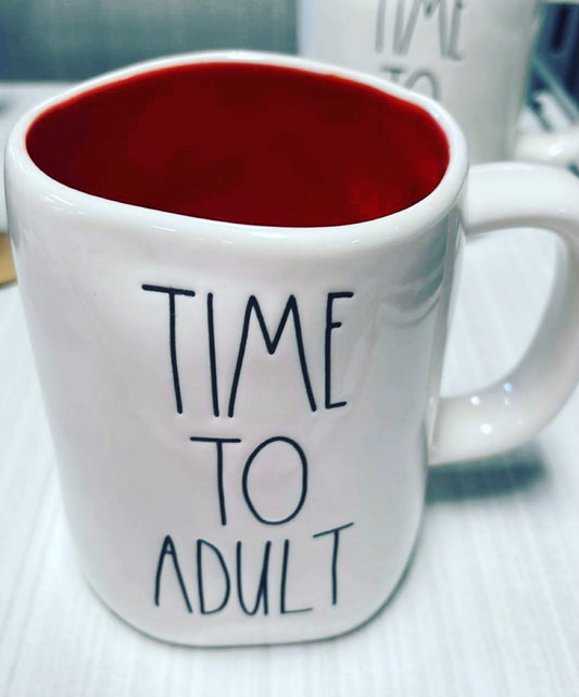 Rae Dunn Time To Adult White Mug with Red Inside and Black Lettering 