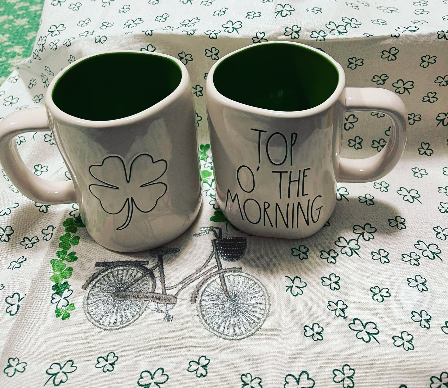 Rae Dunn Top O'Morning White Ceramic Cup with Green Inside and Clover Image on Back