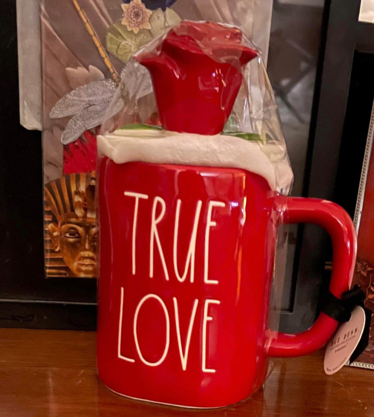 Rae Dunn True Love Red Cup with White Lettering and Rose Topper