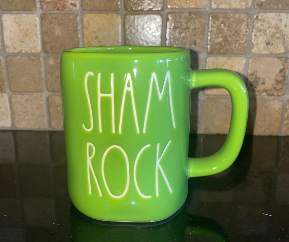 Rae Dunn Shamrock Green mug with white lettering