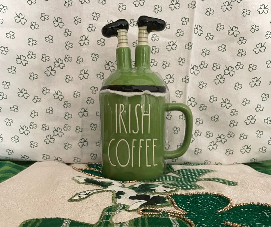 Rae Dunn Irish Coffee Green Topper with Irish Legs and white lettering