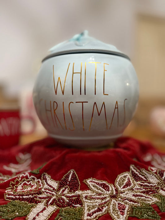 Rae Dunn White Christmas Cookie Jar Light Blue Gold Lettering