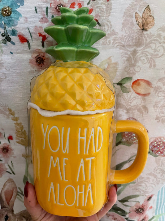 Rae Dunn You Had Me At Aloha Yellow with Pineapple Topper