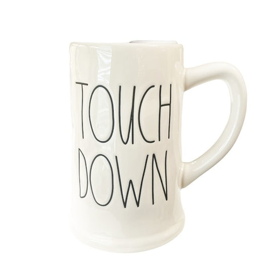 Rae Dunn Touch Down White Stein with Black Lettering