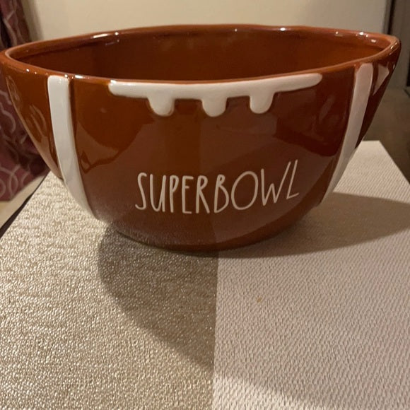 Rae Dunn Football Super Bowl Dish Large Brown with White Accents 