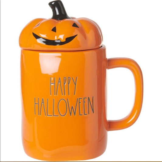 Rae Dunn Happy Halloween with Pumpkin Topper, Orange and Black Lettering