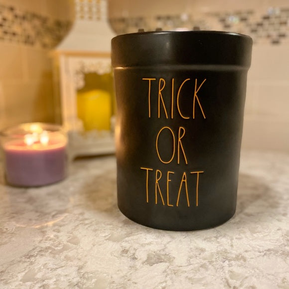 Rae Dunn Utensil Holder Trick or Treat in Black Matte Color with Orange letters 