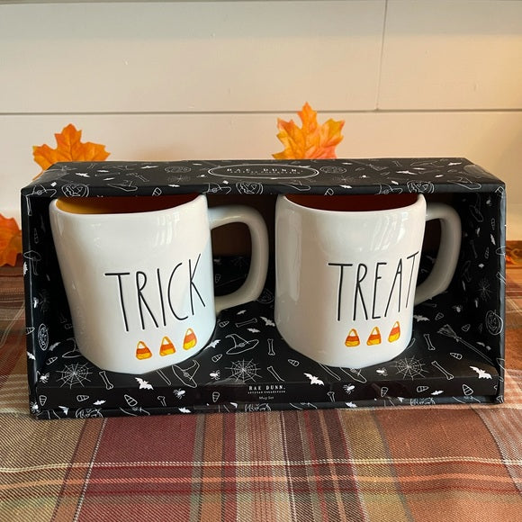 Rae Dunn Trick /Treat with Candy Corns White with Black Lettering and Orange Inside
