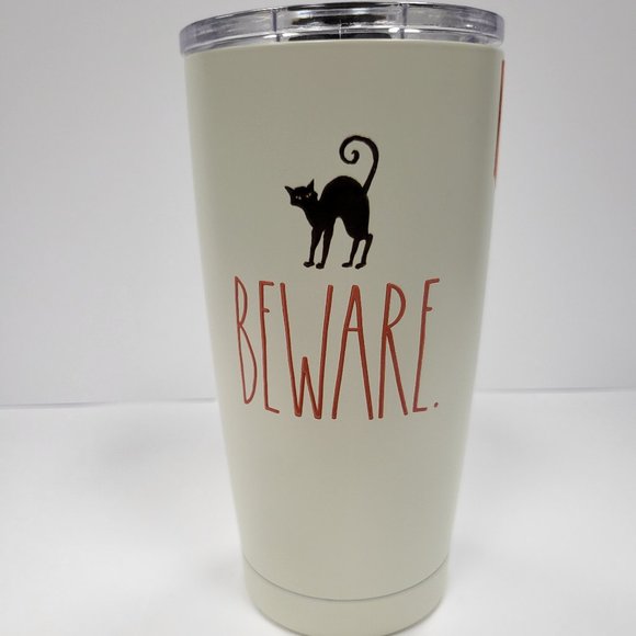 Rae Dunn Beware Cream Tumbler with Black Cat and Orange Lettering 