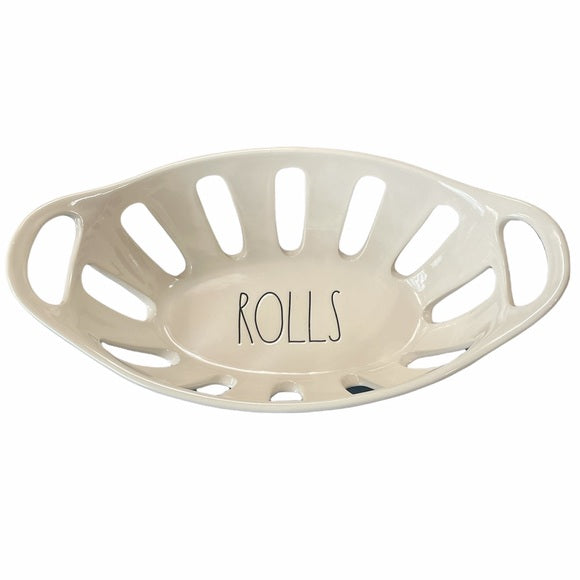 Rae Dunn Dinner Rolls Basket White with Lattice and Black Lettering